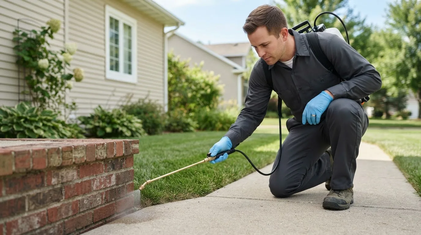 Pest control technician treating a home near Thayer, IN